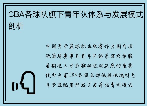 CBA各球队旗下青年队体系与发展模式剖析