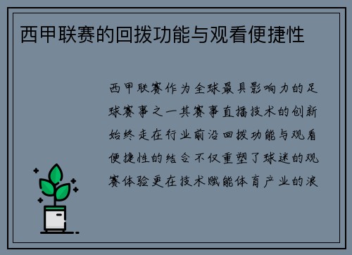 西甲联赛的回拨功能与观看便捷性